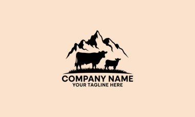 Farm logo with cow and calf silhouette against mountains clipart