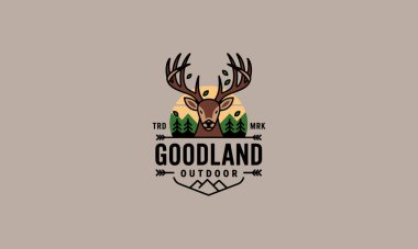 Rustic deer logo with antlers, trees, and sunset background clipart