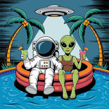 Alien and astronaut chilling in pool with UFO and drinks clipart