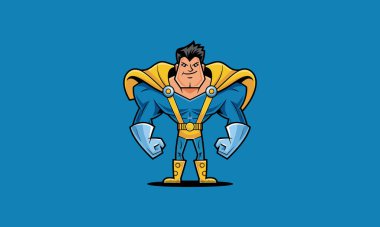 Powerful superhero in blue and yellow with a confident pose. clipart