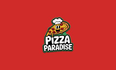 Pizza paradise logo with cartoon pizza slice and chef hat clipart