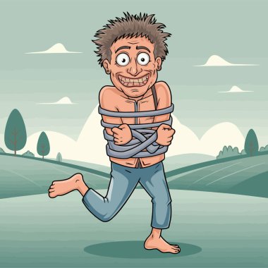 Crazy man in straitjacket with wild expression outdoors. clipart