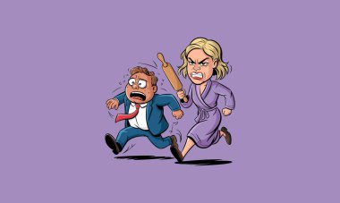 Angry woman chasing scared man with rolling pin clipart