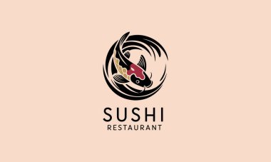 Sushi restaurant logo with koi fish and circular wave design clipart