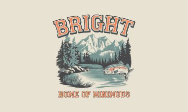 Bright logo with fish, river, trees, and mountain scenery clipart