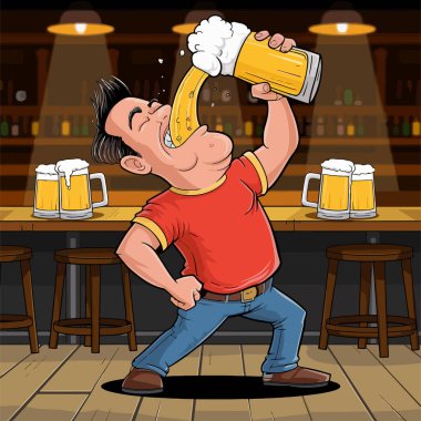 Man chugging beer enthusiastically in a lively bar scene. clipart