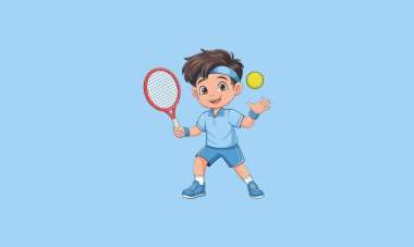 Happy boy playing tennis with a racket and ball vector.