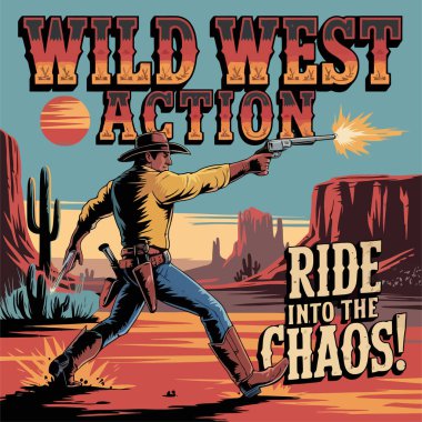 Wild West action logo with cowboy shooting in desert clipart