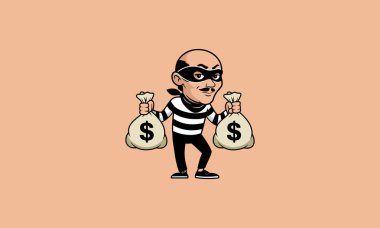 Cartoon thief holding money bags in striped outfit. clipart