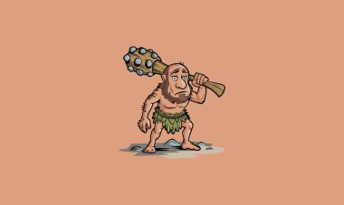 Cartoon caveman with a large wooden club and leaf skirt. clipart