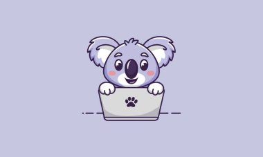 Cute koala using a laptop with a paw print logo clipart