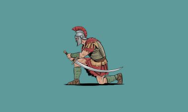 Fierce Roman warrior in battle stance with a sword. clipart