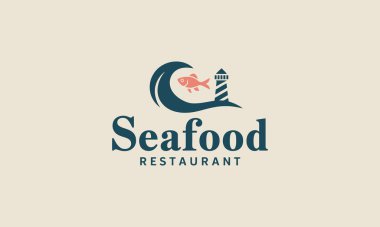 Minimal seafood restaurant logo with wave and fish clipart