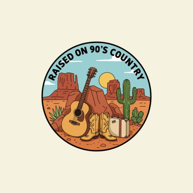 A circular emblem depicting a ninety's country music theme featuring a guitar, cowboy boots, luggage and desert scenery. clipart