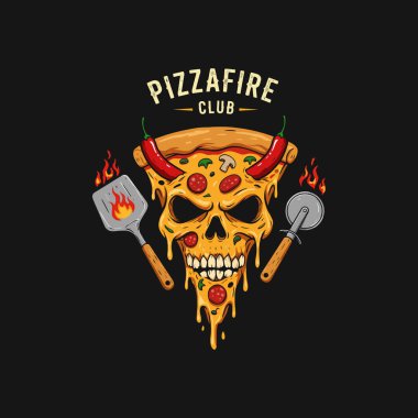 A skull shaped pizza with chili peppers for the Pizzafire Club logo design. clipart