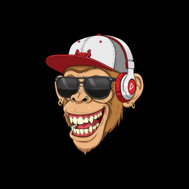 A stylized illustration of a smiling monkey wearing sunglasses headphones a cap and earrings. clipart