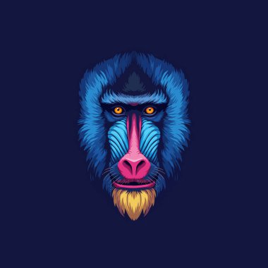 A stylized illustration depicts a mandrill's face in vibrant blue pink and yellow hues. clipart