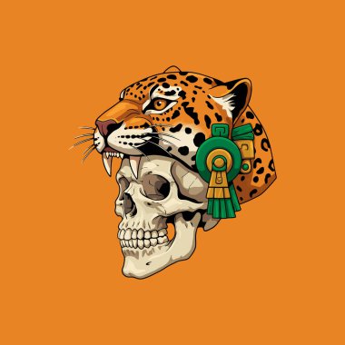 An illustration depicting a human skull adorned with a jaguar mask and Aztec-inspired ornaments. clipart