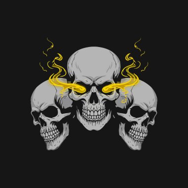 A stylized graphic design featuring three skulls with the central skull having yellow flames emanating from its eye sockets. clipart