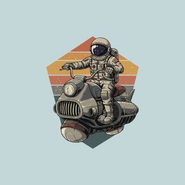 An astronaut in a retro-styled spacesuit rides a futuristic motorcycle against a vibrant retro sunset backdrop. clipart