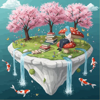 A woman in a hijab sits on a mushroom, reading a book on a tranquil floating island with waterfalls, cherry blossoms, and koi fish. clipart