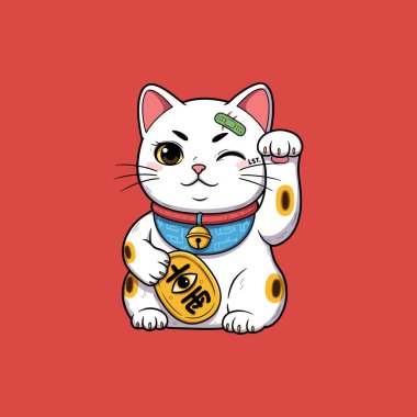 A stylized illustration of a white Maneki-neko cat, holding a gold coin and waving, set against a red background. clipart