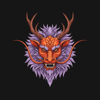 A stylized illustration depicts the head of an orange dragon with antlers and a purple mane its expression is fierce and intimidating. clipart