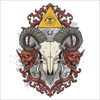 A ram skull is centrally positioned within an ornate frame flanked by two demonic heads, all overlaid with an Illuminati-style symbol. clipart