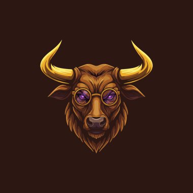 The image depicts a stylized bull head wearing round glasses with a dark background. The bull has golden horns and intense purple eyes. clipart