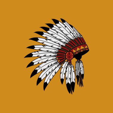 A stylized illustration depicts a Native American headdress adorned with white and black feathers and red and yellow accents. clipart