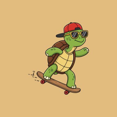 A cartoon turtle wearing sunglasses and a cap skateboards across a beige background. clipart