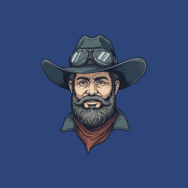 A stylized illustration of an older man with a beard wearing a cowboy hat and aviator goggles. clipart