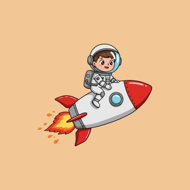 An illustration of a cheerful young astronaut boy soaring through space on a small rocket. clipart