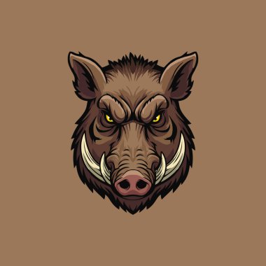 A stylized graphic illustration of a wild boar's head, showcasing its aggressive features and intense gaze. clipart