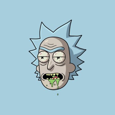 A stylized illustration of Rick Sanchez from Rick and Morty with a sickly expression and vomiting green slime. clipart