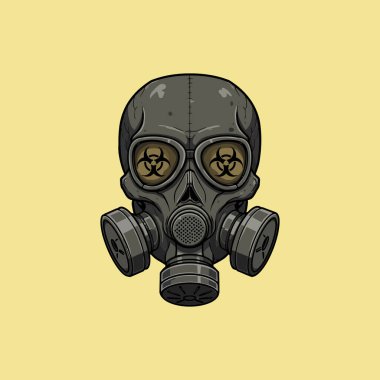 A stylized illustration depicts a skull wearing a gas mask with biohazard symbols visible through the eye pieces. clipart