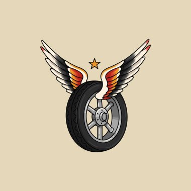 An illustration of a tire with wings and a star above it suitable as a logo or emblem.