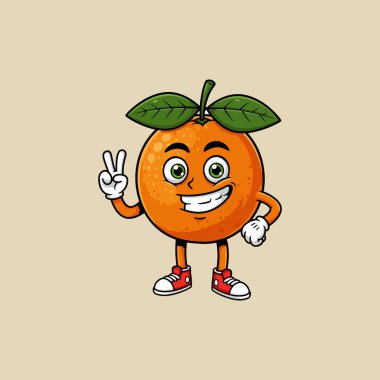 This image depicts a cheerful cartoon orange displaying a peace sign while wearing red sneakers.