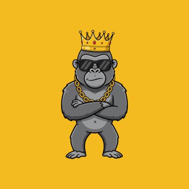 A cartoon illustration of a cool gorilla wearing a crown sunglasses and a gold chain with its arms crossed. clipart