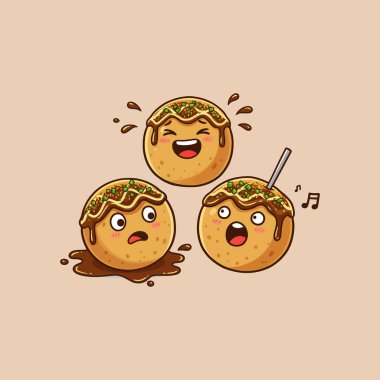 A whimsical illustration of three takoyaki balls with human-like faces expressing different emotions: happy, surprised, and scared. clipart