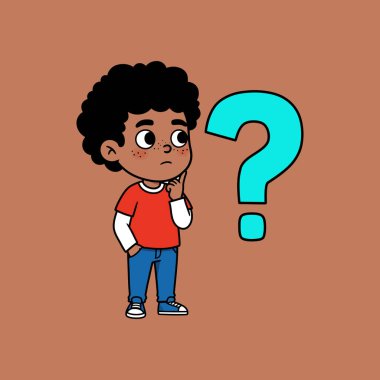 A cartoon boy with freckles is thoughtfully considering a large question mark beside him. clipart