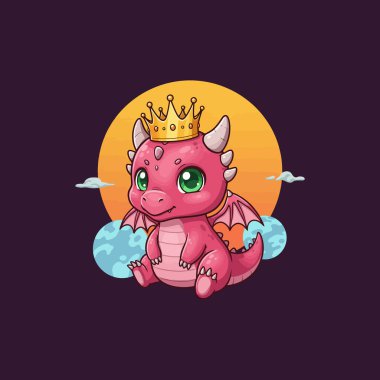 A cute pink baby dragon wearing a golden crown sits against a sunset backdrop, surrounded by clouds. clipart