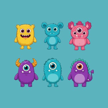 The image showcases six uniquely designed cartoon monsters in various colors and expressions. clipart