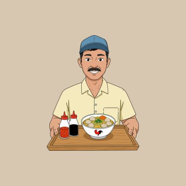 A cheerful vendor offers a bowl of flavorful meatball noodles with condiments on a wooden tray. clipart