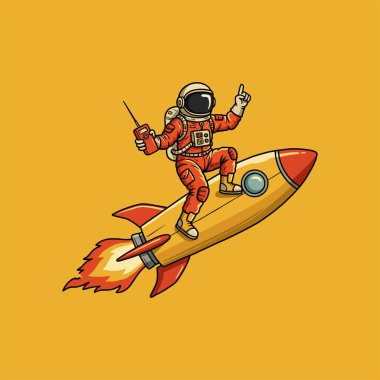 A cheerful astronaut rides a rocket through space, holding a radio and pointing upward. clipart