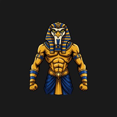 A powerful illustration depicts a muscular, eagle-headed pharaoh wearing a traditional headdress. clipart