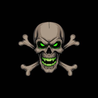 Glowing Green Eyed Skull with Crossed Bones clipart