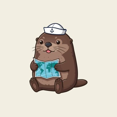 A cute otter, sporting a sailor's hat, sits attentively reviewing a world map. The charming cartoon style evokes a joyful, adventurous mood. clipart