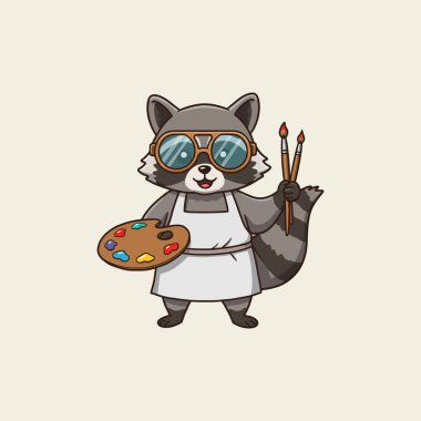 A charming cartoon raccoon, sporting cool glasses, holds paintbrushes and a palette. A cheerful, artistic vibe fills this delightful scene. clipart