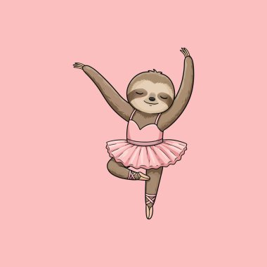 A charming sloth gracefully balances en pointe, dressed in a delicate pink tutu. Peaceful and sweet, this pastel artwork captures a serene moment. clipart